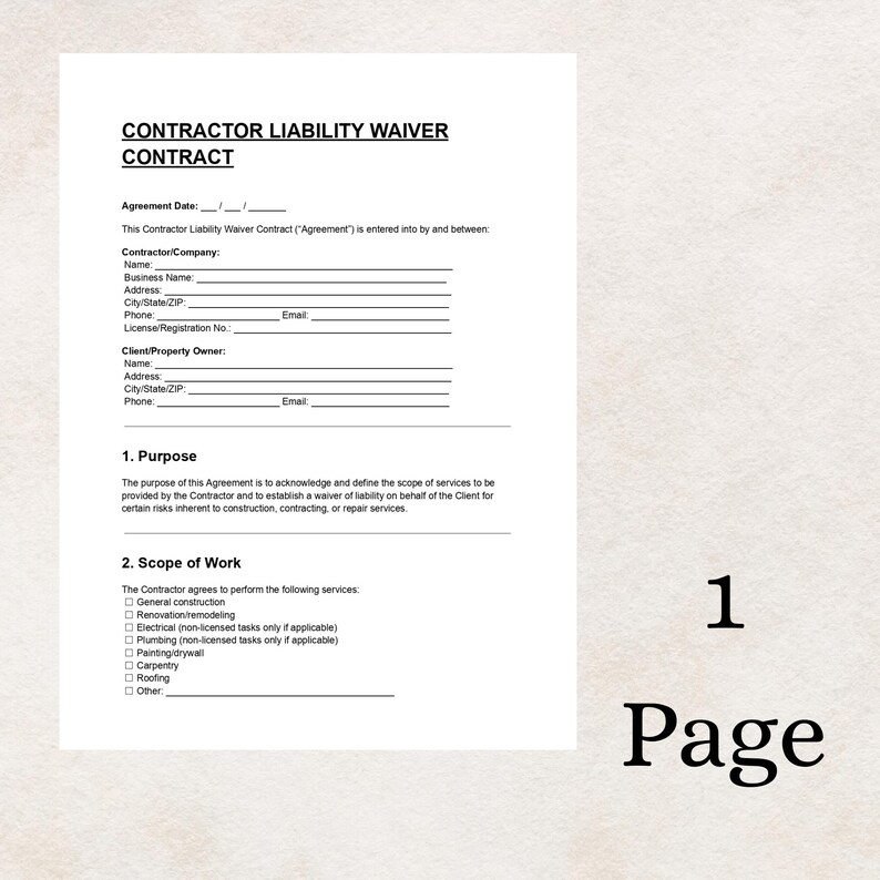 Contractor Liability Contractor Liability Waiver Template: Editable DOC & PDF (digital ...