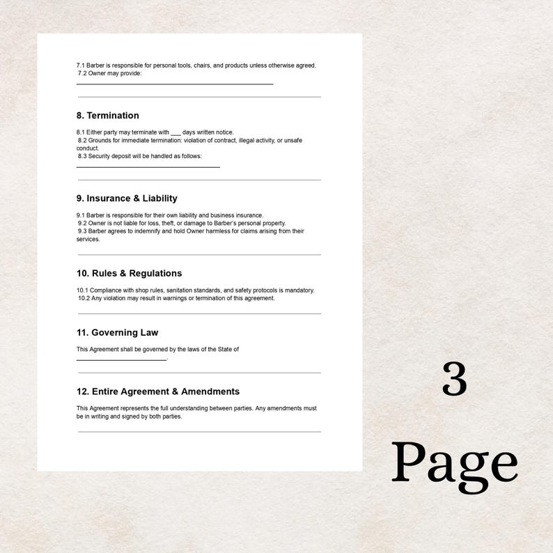 Barber Booth Rental Contract Template DOC & PDF | Editable Barbershop ...