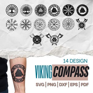 Puede incluir: Catorce diseños de brújula vikinga en negro, con símbolos circulares, hachas y el texto "VIKING COMPASS". Disponibles en formatos SVG, PNG, DXF, EPS y PDF. Incluye símbolos rúnicos.