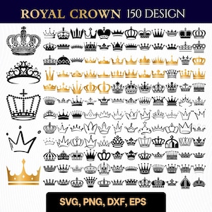 May include: A collection of 150 crown designs in various styles, including gold and black illustrations. The image features crowns with intricate details, from simple outlines to ornate, jeweled designs. Text at the top reads "ROYAL CROWN 150 DESIGN". Formats include SVG, PNG, DXF, and EPS.