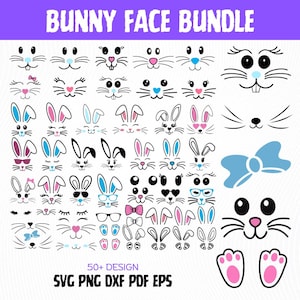 Puede incluir: Una colección de diseños de caras de conejos en blanco y negro, con acentos rosas y azules. La imagen incluye varias caras de conejos, orejas, lazos, gafas y huellas de patas. El texto en la parte superior dice "BUNNY FACE BUNDLE". El texto en la parte inferior dice "50+ DESIGN SVG PNG DXF PDF EPS".