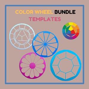 Könnte beinhalten: Eine Sammlung von Farbkreisvorlagen in verschiedenen Designs und Farben, darunter Blau, Pink und ein mehrfarbiges Rad. Der Text "COLOR WHEEL BUNDLE TEMPLATES" ist oben im Bild zu sehen.