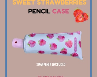 Sweet Strawberries Pencil Case – Cute Waterproof Pouch with Built-in Sharpener | Kawaii Strawberry Stationery Bag | Gift for Artists