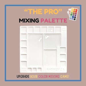 Pode incluir: Uma paleta de mistura de plástico branco com vários poços e áreas de mistura. O texto "THE PRO" e "MIXING PALETTE" são exibidos na imagem. A paleta é rotulada como "Warm Tones", "Cool Tones" e "ANDRÉFICA". O texto "UPGRADE YOUR COLOR MIXING GAME!" também está presente.