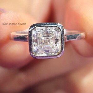 3 Carat Asscher Cut Moissanite Solitaire Ring Bezel Set Engagement Ring in White Gold Look Minimalist Proposal Ring Ring For women