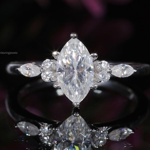 2 Carat Marquise Cut With Side Marquise And Round Moissanite Engagement Ring Unique Wedding Ring In Sterling Silver