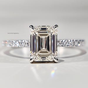 3 Carat Emerald Cut Moissanite Diamond Engagement Ring Hidden Halo Style Wedding Ring Sterling Silver or White Gold Gift for Her