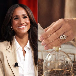May include: A woman smiles, wearing a beige blazer over a white shirt, and gold hoop earrings. On the right, a hand displays rings with multiple diamonds. A glass cloche with a gold rim sits on a surface.