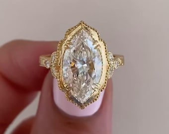 Anillo de compromiso victoriano vintage con moissanita y marquesa, anillo de oro de 14 k, anillo de promesa para ella, anillo de aniversario de joyería victoriana.