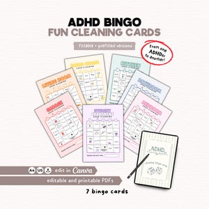 May include: A collection of seven colorful ADHD Bingo Fun Cleaning Cards, with fillable and prefilled versions. The cards are designed for various rooms, including the living room, kitchen, bathroom, bedroom, garage, and student apartment. A tablet displays a card with dice.