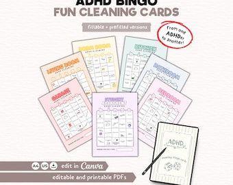 Tarjetas de bingo de limpieza para TDAH, tareas imprimibles, plantilla de limpieza editable, PDF rellenable, limpieza de dopamina, planificador digital para TDAH, descarga instantánea