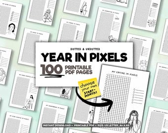 MEGA YEARLY Tracking PDF, 100 Printable Year In Pixels Templates, Bujo, Us Letter A4 A5 A6, Track, Habit, Mood, bujo template canva
