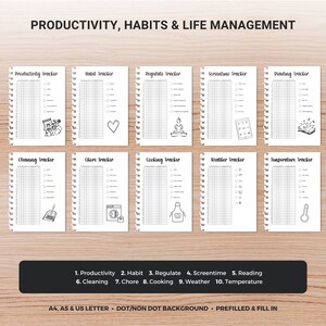 May include: A set of ten printable habit tracker templates with a white background and black grid lines. Each template has a different theme, including productivity, reading, and cooking. The text "PRODUCTIVITY, HABITS & LIFE MANAGEMENT" is at the top.