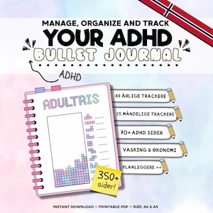 以下が含まれることがあります： 「Manage, Organize and Track Your ADHD Bullet Journal」のテキストが入ったピンク色のADHDバレットジャーナル。ジャーナルには、トラッカー、ページ、計画用のセクションが含まれています。画像にはノルウェーの国旗も含まれています。