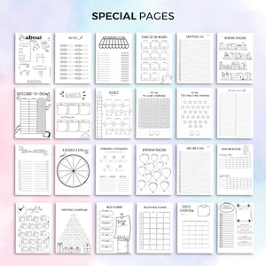 May include: A collection of black and white planner pages with various layouts. The pages include sections for goals, gratitude, and tracking habits. The text "SPECIAL PAGES" is at the top. The pages are designed for organization and planning.