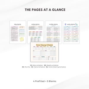 Puede incluir: Una colecci&oacute;n de p&aacute;ginas imprimibles de horarios de limpieza del hogar. Las p&aacute;ginas incluyen planificadores de limpieza diaria, semanal, mensual y anual, junto con un horario de limpieza del hogar. El texto "THE PAGES AT A GLANCE" est&aacute; en la parte superior.