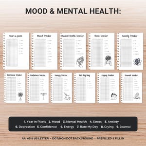 May include: A set of printable mood and mental health trackers. The trackers include sections for mood, anxiety, depression, and more. The pages are white with black text and illustrations. The text at the top reads "MOOD & MENTAL HEALTH:"
