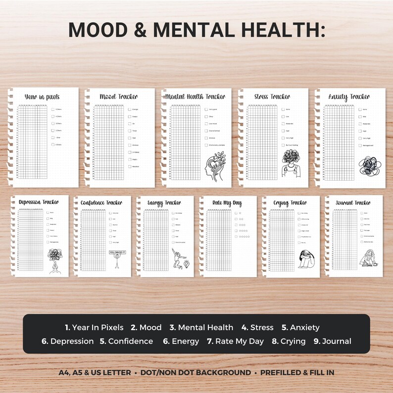 May include: A set of printable mood and mental health trackers. The trackers include sections for mood, anxiety, depression, and more. The pages are white with black text and illustrations. The text at the top reads "MOOD & MENTAL HEALTH:"