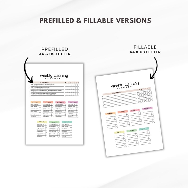 Puede incluir: Dos hojas de papel blancas con el texto "weekly cleaning planner" y listas de verificaci&oacute;n. Una est&aacute; prellenada, la otra es rellenable. El texto "Prefilled & Fillable Versions" est&aacute; en la parte superior. Para organizar tareas de limpieza.