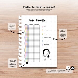 May include: A printable acne tracker with a grid for daily tracking, featuring a colour-coded system for different skin conditions. The text reads "Acne Tracker" and includes instructions for use. The design is for bullet journaling.