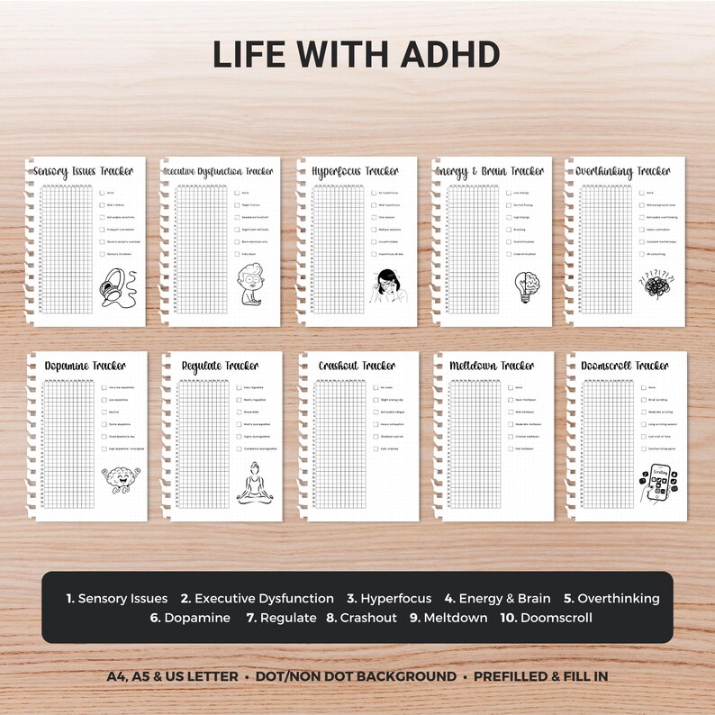 May include: Ten printable ADHD symptom trackers, including sensory issues and executive dysfunction, are displayed. Each tracker has a grid for daily entries and is labelled with a symptom. The text "LIFE WITH ADHD" is at the top. The trackers are A4, A5 & US Letter.