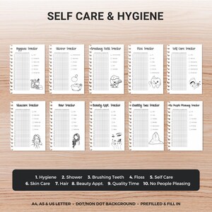 May include: Ten self-care and hygiene tracker pages are displayed. Each page has a grid for tracking habits, with illustrations. The pages are labelled with titles such as "Hygiene Tracker" and "Skin Care Tracker". The text "SELF CARE & HYGIENE" is at the top of the image.