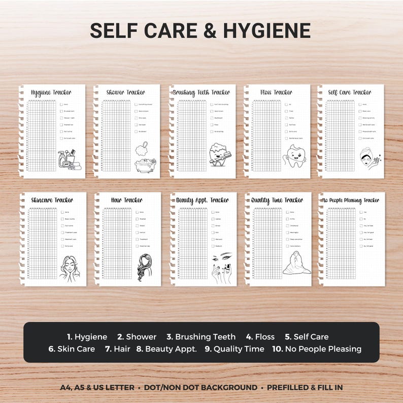 May include: Ten self-care and hygiene tracker pages are displayed. Each page has a grid for tracking habits, with illustrations. The pages are labelled with titles such as "Hygiene Tracker" and "Skin Care Tracker". The text "SELF CARE & HYGIENE" is at the top of the image.