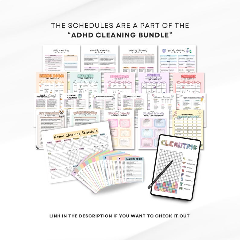 Puede incluir: Un conjunto de horarios y listas de verificaci&oacute;n de limpieza imprimibles, que incluyen planificadores diarios, semanales y mensuales. El texto "ADHD Cleaning Bundle" se muestra en la parte superior. Tambi&eacute;n se ve una tableta con una cuadr&iacute;cula y un l&aacute;piz &oacute;ptico.