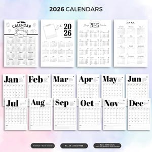 May include: A collection of 2026 calendars in black and white. The calendars include monthly layouts, with the months of the year labeled. The text "2026 CALENDARS" is at the top. The calendars are available in A4, A5 & US LETTER sizes.
