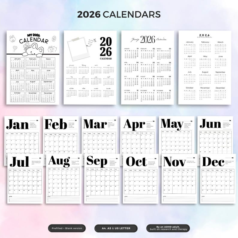 May include: A collection of 2026 calendars in black and white. The calendars include monthly layouts, with the months of the year labeled. The text "2026 CALENDARS" is at the top. The calendars are available in A4, A5 & US LETTER sizes.