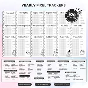 May include: A spiral-bound notebook with the text "YEARLY PIXEL TRACKERS" and "100 TRACKERS." It features various tracker templates for health, mood, and daily life, including a "Year in Pixels" and "Rate My Day" tracker.