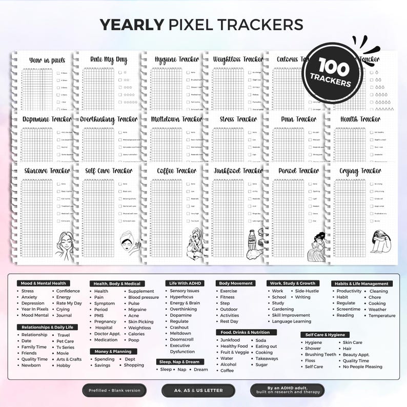 May include: A spiral-bound notebook with the text "YEARLY PIXEL TRACKERS" and "100 TRACKERS." It features various tracker templates for health, mood, and daily life, including a "Year in Pixels" and "Rate My Day" tracker.