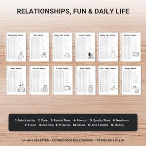 May include: A set of twelve white spiral-bound tracker notebooks, each designed for a different aspect of life, such as relationships, travel, and hobbies. The notebooks have a grid layout for tracking and are labelled with their respective categories. The text "RELATIONSHIPS, FUN & DAILY LIFE" is at the top.