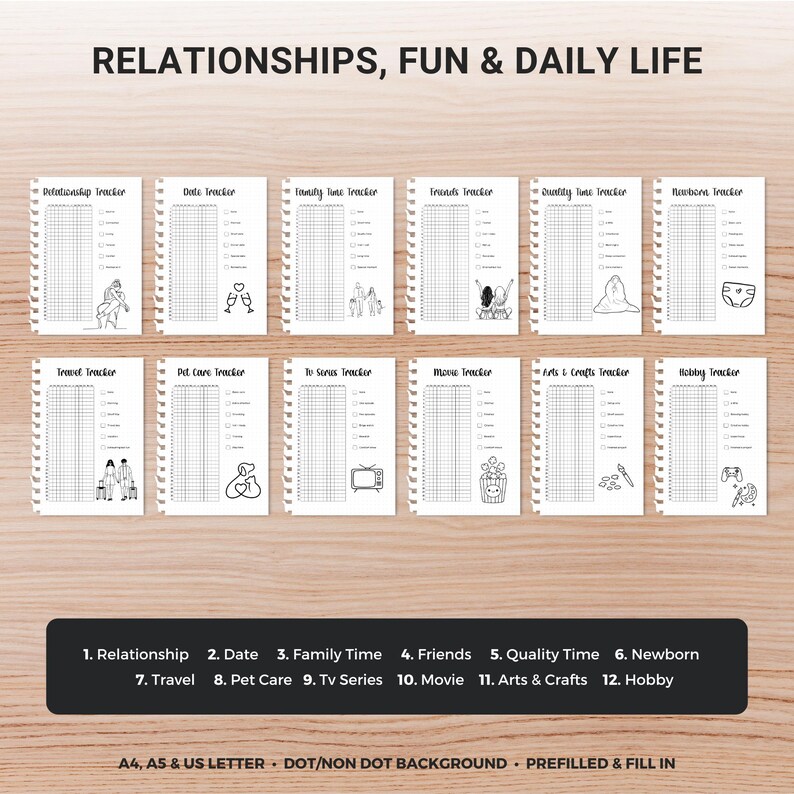 May include: A set of twelve white spiral-bound tracker notebooks, each designed for a different aspect of life, such as relationships, travel, and hobbies. The notebooks have a grid layout for tracking and are labelled with their respective categories. The text "RELATIONSHIPS, FUN & DAILY LIFE" is at the top.