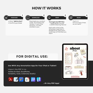 May include: A digital download guide with instructions on how to purchase, download, print, and enjoy a digital ADHD Bullet Journal and Cleaning Planner. The guide includes a tablet displaying a sample page and app icons.