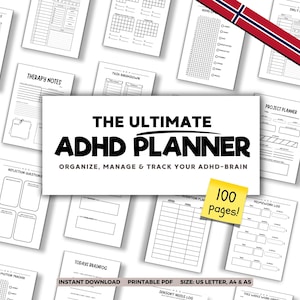 May include: A collection of white printable planner pages with black text, including "The Ultimate ADHD Planner" title. The planner includes sections for daily planning, therapy notes, and habit tracking. A yellow sticky note indicates "100 pages!"