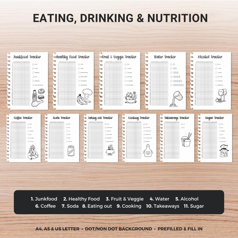 May include: Eleven printable trackers for monitoring food and drink consumption. Each tracker has a grid for recording intake, with illustrations of food and beverages. Categories include junk food, healthy food, and water. A4, A5 & US Letter.