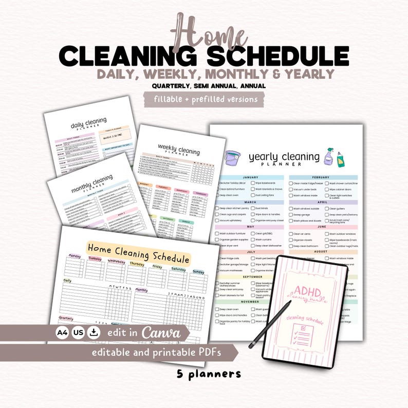 Cleaning Planner Bundle · Daily Weekly Monthly Yearly Cleaning Checklist · Printable Cleaning Schedule · ADHD Cleaning Schedule · Home Management Binder Printable · Chore Chart for Adults · House Cleaning Checklist · Annual Cleaning Calendar · Digital Cleaning Planner · Editable Cleaning Printable