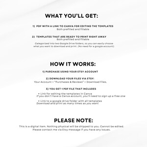 Puede incluir: Documento blanco con texto negro que detalla la informaci&oacute;n del producto digital. El texto incluye "QU&Eacute; OBTENDR&Aacute;S", "C&Oacute;MO FUNCIONA" y "TEN EN CUENTA". Describe plantillas descargables, edici&oacute;n a trav&eacute;s de Canva e instrucciones de descarga de Etsy.