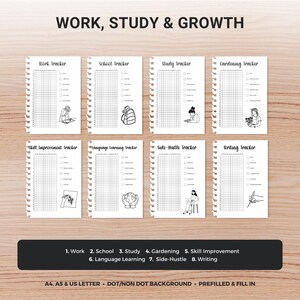 May include: Eight printable trackers for various activities, including work, study, and gardening. Each tracker has a grid layout with checkboxes and illustrations. The text "WORK, STUDY & GROWTH" is at the top. The trackers are A4, A5 & US LETTER size.