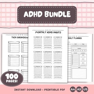May include: ADHD Bundle printable PDF with 100 pages. Includes a task breakdown, monthly ADHD habits tracker, and a daily planner. The design is black and white on a pink background. Available in A4, A5, and US letter sizes.