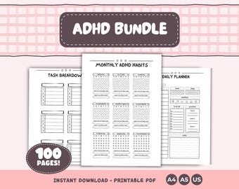May include: ADHD Bundle printable PDF with 100 pages. Includes a task breakdown, monthly ADHD habits tracker, and a daily planner. The design is black and white on a pink background. Available in A4, A5, and US letter sizes.
