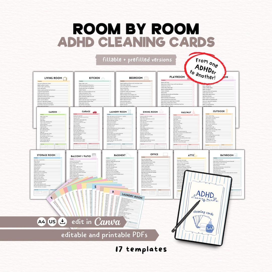 ADHD Cleaning Checklist, Editable Canva Templates + Fillable PDF, Room