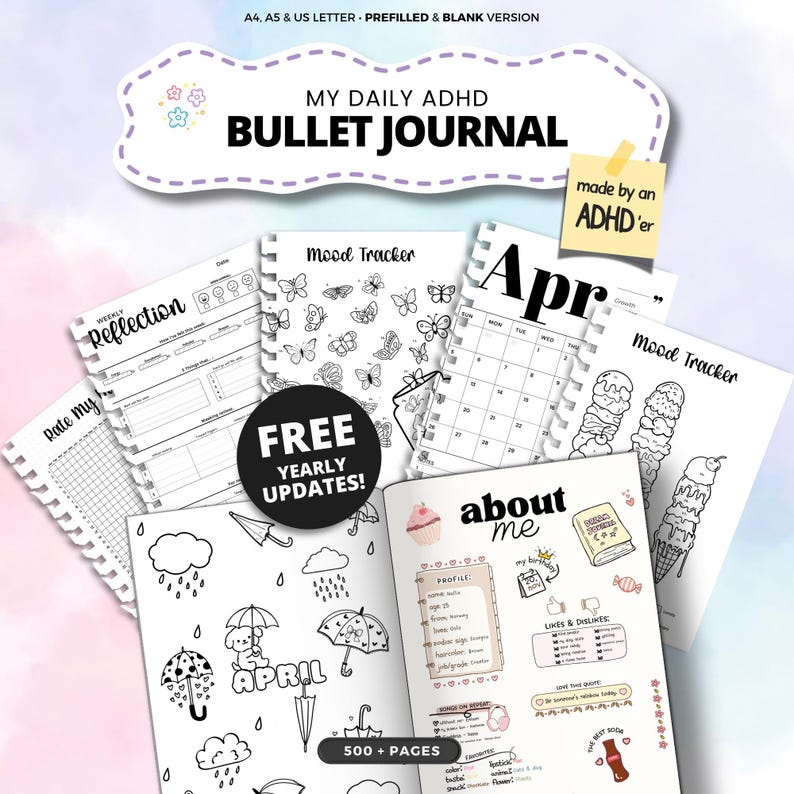 ADHD bullet journal, ADHD planner, ADHD digital planner, ADHD printable planner, ADHD habit tracker, ADHD symptom tracker, ADHD mental health planner, ADHD productivity planner, ADHD daily planner, ADHD weekly planner, ADHD routine planner, ADHD brain dump, ADHD overwhelm tracker,  ADHD mood tracker, ADHD self care planner, ADHD focus planner, ADHD pomodoro tracker, neurodivergent planner, autism ADHD planner, AuDHD planner, GoodNotes, iPad ADHD planner, printable ADHD journal, instant download