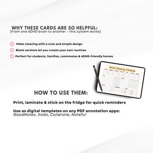 Puede incluir: Una tableta digital muestra un "Home Cleaning Schedule" con un l&aacute;piz &oacute;ptico negro. El texto de la imagen explica c&oacute;mo usar el programa, incluida la impresi&oacute;n y el uso de plantillas digitales. El texto tambi&eacute;n menciona que las tarjetas son &uacute;tiles para estudiantes, familias y hogares amigables con el TDAH.