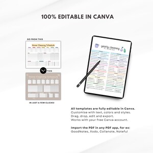 Puede incluir: Una tableta digital que muestra un planificador de limpieza anual con secciones coloridas y casillas de verificaci&oacute;n. La imagen tambi&eacute;n muestra una plantilla de horario de limpieza del hogar y el texto "100% EDITABLE IN CANVA."
