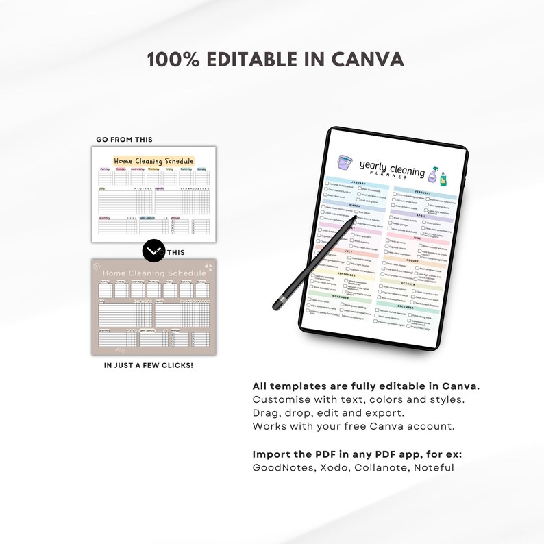 Puede incluir: Una tableta digital que muestra un planificador de limpieza anual con secciones coloridas y casillas de verificaci&oacute;n. La imagen tambi&eacute;n muestra una plantilla de horario de limpieza del hogar y el texto "100% EDITABLE IN CANVA."
