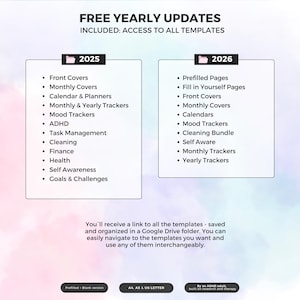 May include: Digital planner template details for 2025 and 2026, including front covers, monthly trackers, and ADHD-related tools. The image lists features like task management, cleaning, and finance. The templates are accessible via a Google Drive link.