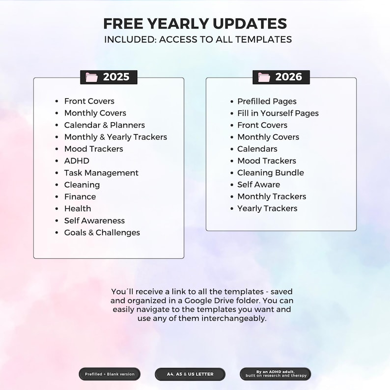 May include: Digital planner template details for 2025 and 2026, including front covers, monthly trackers, and ADHD-related tools. The image lists features like task management, cleaning, and finance. The templates are accessible via a Google Drive link.