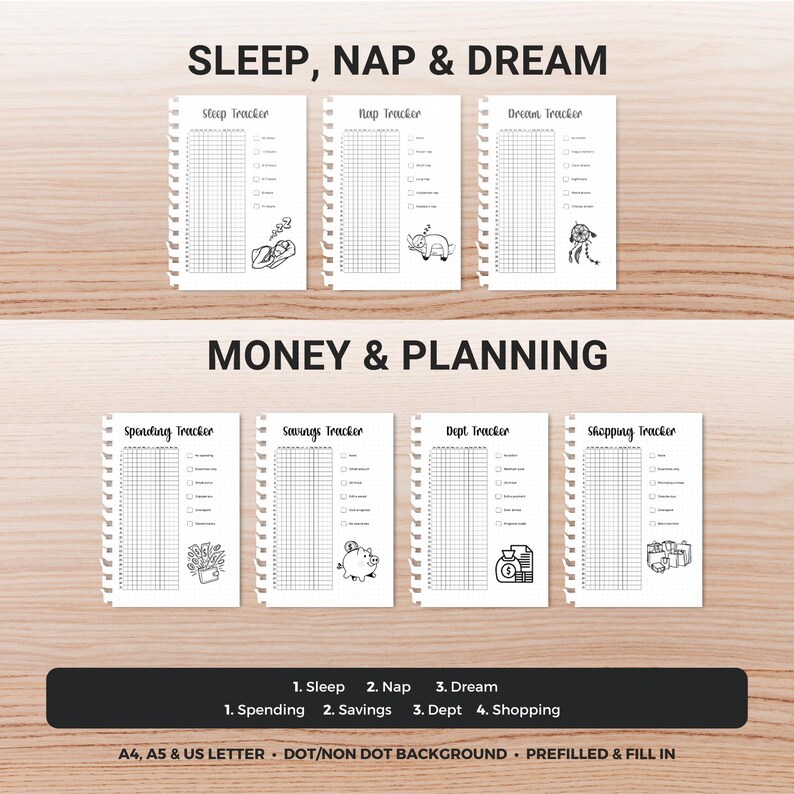 May include: A set of eight white spiral-bound planner pages with black text and illustrations. The pages are divided into two sections: "Sleep, Nap & Dream" and "Money & Planning." The pages include trackers for sleep, nap, dream, spending, savings, debt, and shopping.